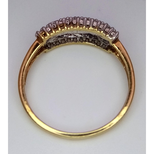 495 - A 9K Yellow Gold Triple Row Diamond Cluster Ring. Size Q. 0.40ctw diamonds, 2.3g total weight.