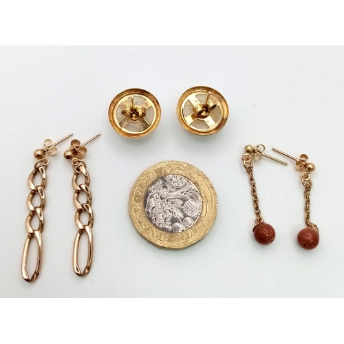 511 - Parcel of three, 9kt Yellow Gold Earrings.
 - Figaro Drop Earrings (3cm drop)
 - Goldstone Drop Earr... 