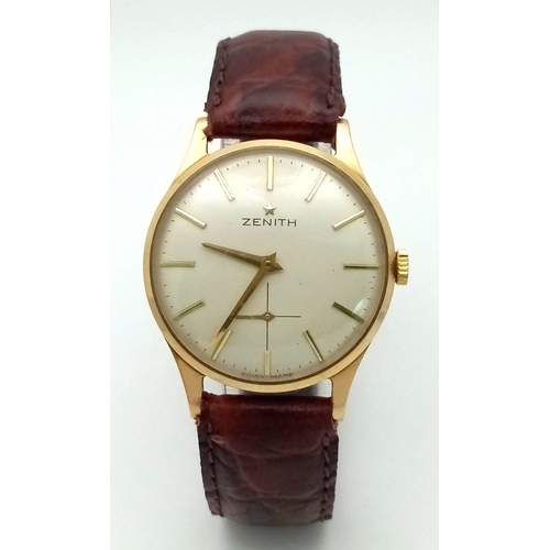 514 - A Wonderful Vintage Zenith 9K Gold Mechanical Watch. Burgundy leather strap. 9k gold case - 31mm. Wh... 