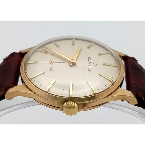 514 - A Wonderful Vintage Zenith 9K Gold Mechanical Watch. Burgundy leather strap. 9k gold case - 31mm. Wh... 