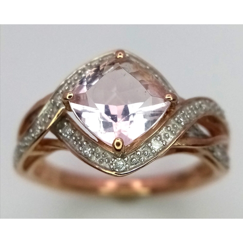 516 - A 9K Rose Gold Diamond and Rose Quartz Dress Ring,. Size M. 0.20ctw diamonds, 2.6g total weight.