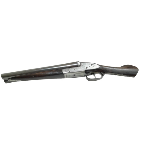 521 - A 12 GUAGE DOUBLE BARELLED SAWN OFF SHOTGUN MADE BY H.J.HUSSEY WITH SHORTENED STOCK .
COMES WITH CUR... 