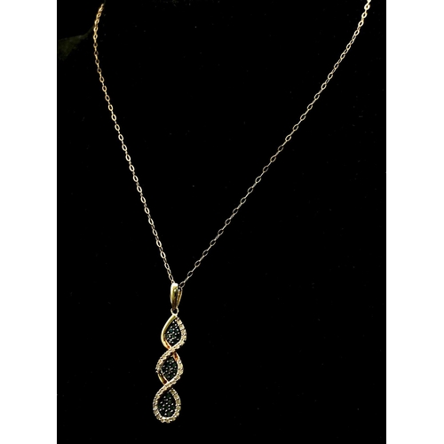 530 - A 9K Yellow Gold Blue and White Diamond Triple Twist Pendant on Fine Belcher Chain Necklace. 3.5cm a... 