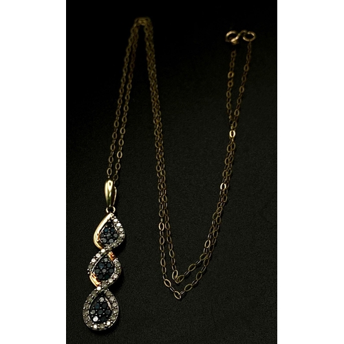 530 - A 9K Yellow Gold Blue and White Diamond Triple Twist Pendant on Fine Belcher Chain Necklace. 3.5cm a... 