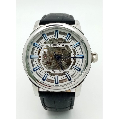 843 - An Invicta Skeleton Automatic Gents Watch. Black leather strap. Stainless steel skeleton case - 41mm... 