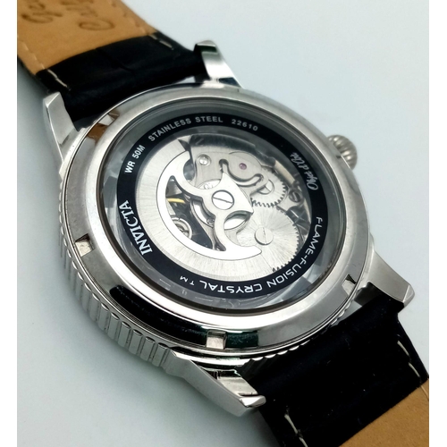 843 - An Invicta Skeleton Automatic Gents Watch. Black leather strap. Stainless steel skeleton case - 41mm... 