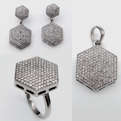 176 - A Set of Pave Diamond Drop Earrings, Ring and Hexagonal Pendant set in 925 Silver. Ring - Size P. Ea... 