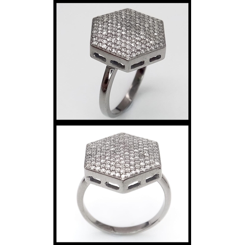 176 - A Set of Pave Diamond Drop Earrings, Ring and Hexagonal Pendant set in 925 Silver. Ring - Size P. Ea... 