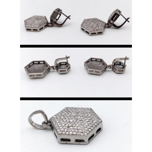 176 - A Set of Pave Diamond Drop Earrings, Ring and Hexagonal Pendant set in 925 Silver. Ring - Size P. Ea... 