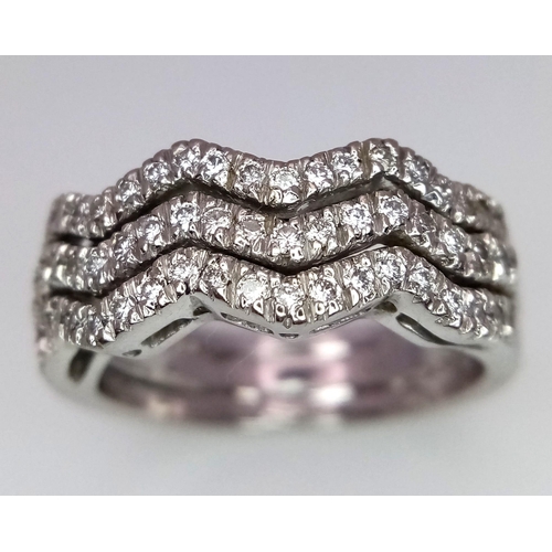 179 - A 18K WHITE GOLD DIAMOND 3 ROW WAVEY BAND RING 8.6G SIZE N