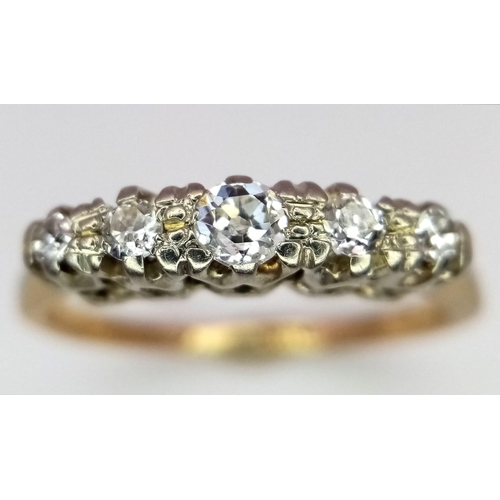 207 - Vintage 18K Yellow Gold & Platinum, 5 Stone Diamond (0.20CT) Ring.
Size: L/M
Weight: 2.7g
A/S 3004 E... 