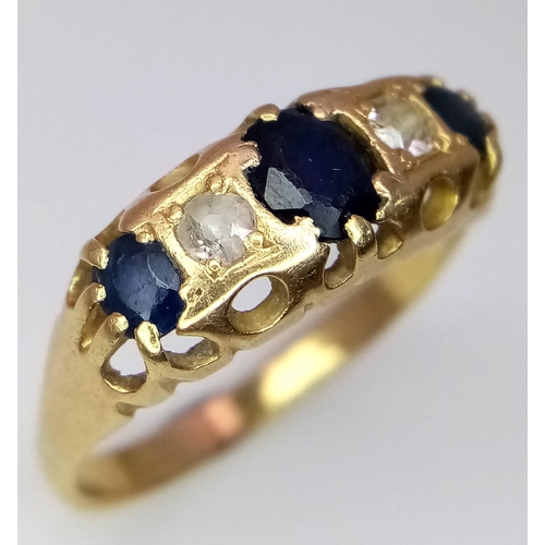 232 - A 18K YELLOW GOLD VINTAGE DIAMOND DIAMOND & SAPPHIRE 5 STONE RING 
0.15CT DIAMONDS & 0.50CT SAPPHIRE... 