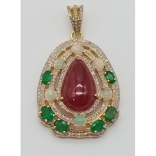 316 - A Delightful Ruby, Opal, Emerald and Diamond Pendant set in Gilded 925 Silver. Ruby weight 20.8ct. T... 