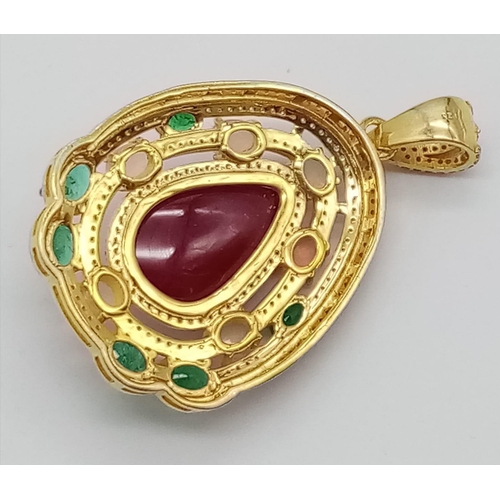 316 - A Delightful Ruby, Opal, Emerald and Diamond Pendant set in Gilded 925 Silver. Ruby weight 20.8ct. T... 