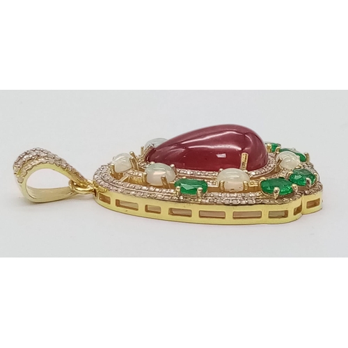 316 - A Delightful Ruby, Opal, Emerald and Diamond Pendant set in Gilded 925 Silver. Ruby weight 20.8ct. T... 