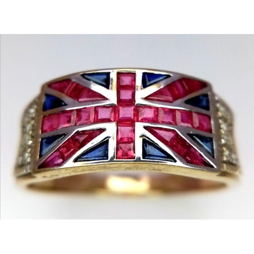 369 - 9K Yellow Gold Stunning Diamond, Sapphire & Ruby Ring.
Se in the shape of a Union Jack.
Size: Y
Weig... 