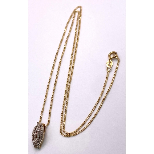 397 - A 9K Yellow Gold Diamond Set Pendant on a Fine Figaro Chain Necklace. 13mm and 47cm, 1.9g total weig... 