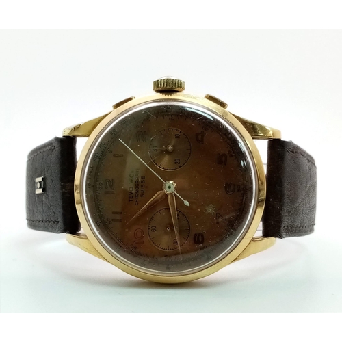 546 - A Wonderful and Rare Vintage Tevo WC 18k Gold Chronograph Gents Watch. Brown leather strap. 18k gold... 