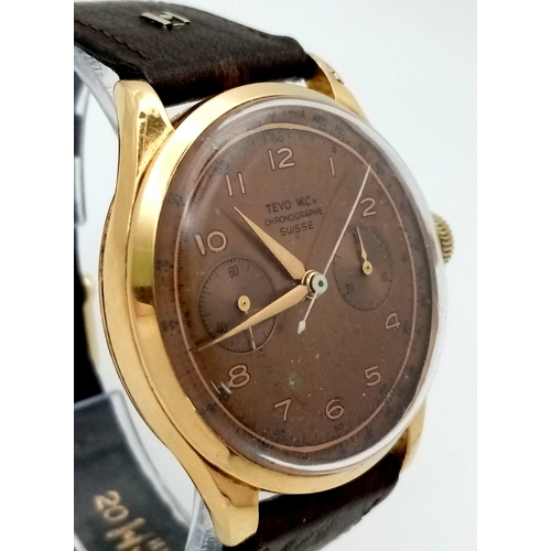 546 - A Wonderful and Rare Vintage Tevo WC 18k Gold Chronograph Gents Watch. Brown leather strap. 18k gold... 