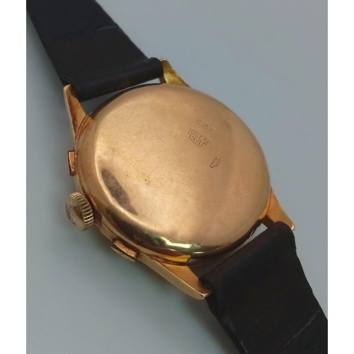 546 - A Wonderful and Rare Vintage Tevo WC 18k Gold Chronograph Gents Watch. Brown leather strap. 18k gold... 