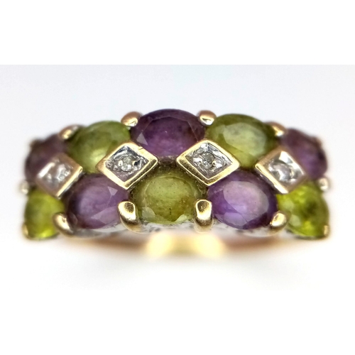 644 - 9K Yellow Gold Peridot, Amethyst & Diamond Ring.
Size: R/S
Weight: 2.5g
SC-3045