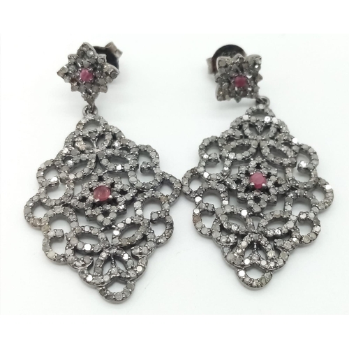 722 - A Pair of Old-Cut Diamond Art-Deco Style Earrings set in 925 Silver. Pave diamond setting with two r... 