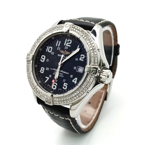 79 - A Breitling SuperOcean Automatic Diamond Gents Watch. Black leather strap. Stainless steel and diamo... 