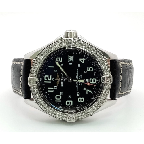 79 - A Breitling SuperOcean Automatic Diamond Gents Watch. Black leather strap. Stainless steel and diamo... 