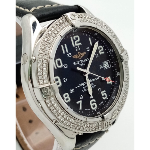 79 - A Breitling SuperOcean Automatic Diamond Gents Watch. Black leather strap. Stainless steel and diamo... 