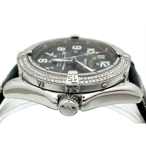 79 - A Breitling SuperOcean Automatic Diamond Gents Watch. Black leather strap. Stainless steel and diamo... 