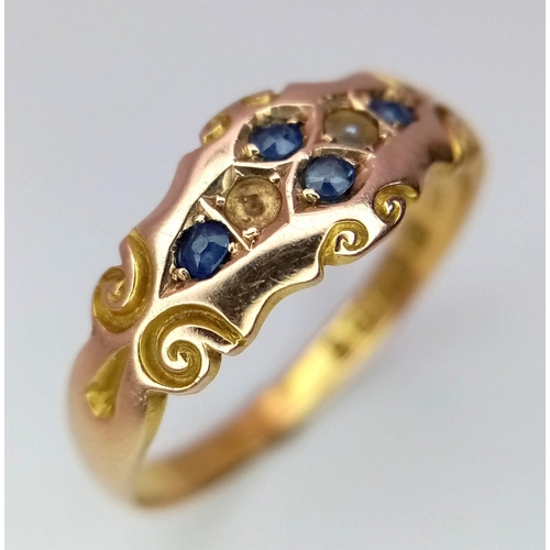 328 - A 15K YELLOW GOLD ANTIQUE PEARL & SAPPHIRE RING. HALLMARKED 1801 BIRMINGHAM 2.8G SIZE Q. ONE SMALL P... 