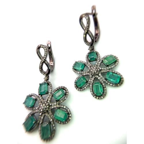 185 - A Pair of Floral-Drop Emerald and Diamond Earrings. Emerald - 14ctw and Old Cut Diamonds - 3ctw. Set... 