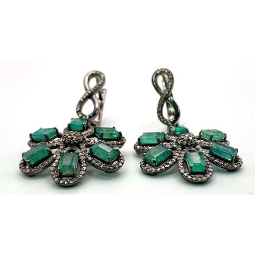 185 - A Pair of Floral-Drop Emerald and Diamond Earrings. Emerald - 14ctw and Old Cut Diamonds - 3ctw. Set... 