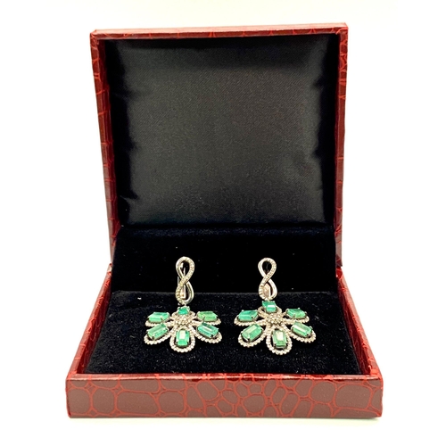 185 - A Pair of Floral-Drop Emerald and Diamond Earrings. Emerald - 14ctw and Old Cut Diamonds - 3ctw. Set... 