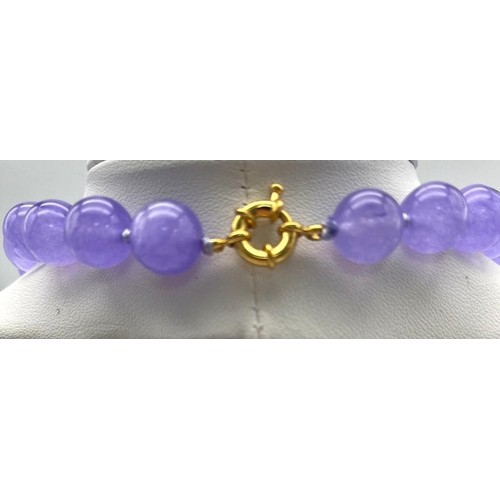 703 - A Lavender Jade Large Bead Necklace with Pendant Drop. 12mm jade beads with gilded accents and clasp... 