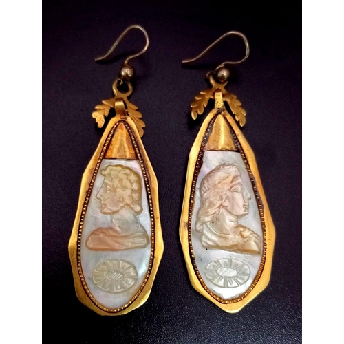 961 - A Pair of Antique Mid-Karat Gold Mother of Pearl Hand-Carved Drop Earrings - depicts an ancient King... 