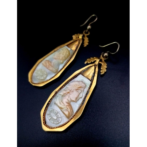 961 - A Pair of Antique Mid-Karat Gold Mother of Pearl Hand-Carved Drop Earrings - depicts an ancient King... 