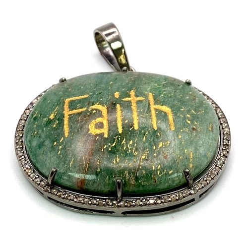 134 - An Agate 'Faith' Engraved 925 Silver Pendant with Rose-Cut Diamond Surround. Agate - 90.55ct.  Diamo... 