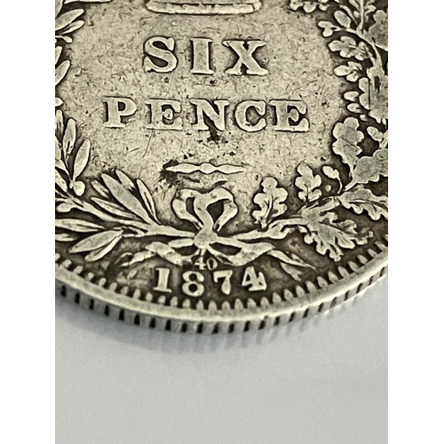 182 - Rare Victorian SILVER SIXPENCE 1874 with the number 4 having Crosslet detail. Slightly dirty otherwi... 