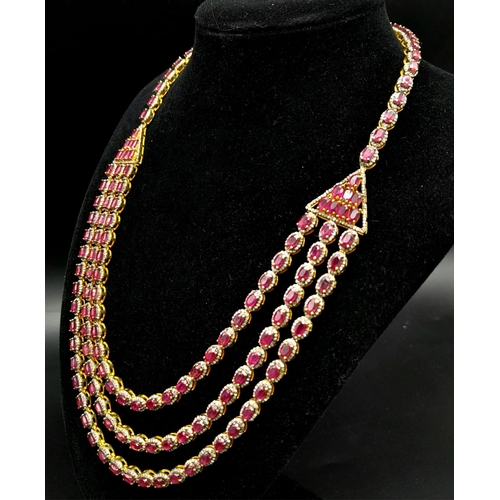 29 - An Asian-Inspired Three Row Ruby and Diamond Necklace -with 33ctw of Rubies and with 3ctw Approx of ... 