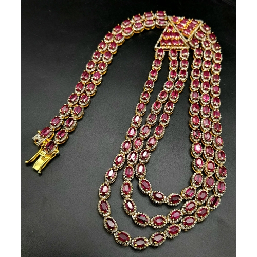 29 - An Asian-Inspired Three Row Ruby and Diamond Necklace -with 33ctw of Rubies and with 3ctw Approx of ... 