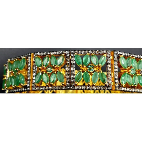 603 - An Emerald and Diamond Gemstone Tennis Bracelet set in  Gilded 925 Silver. Floral design. Old cut Di... 