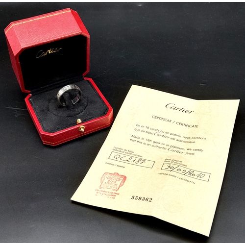 61 - A CARTIER 18K WHITE GOLD GENTS RING IN ORIGINAL BOX WITH CARTIER AUTHENTICTY CERTIFICATE .   8.4gms ... 