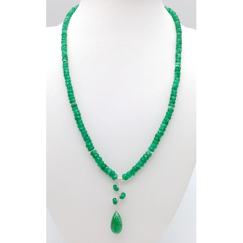 717 - An 80ctw Emerald Small Bead Necklace with Emerald Drop. 925 silver clasp. 42cm necklace length.