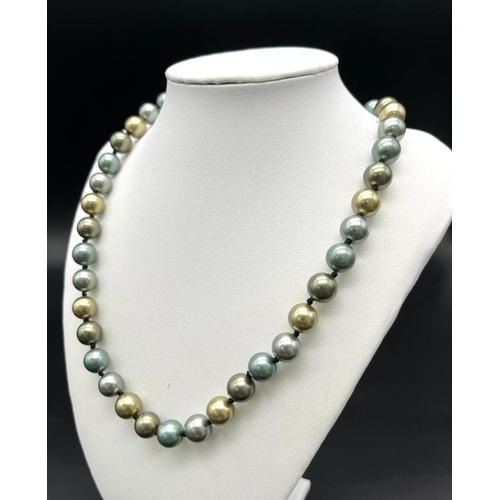 760 - A Multi-Colour South Sea Pearl Shell Bead Necklace with Gilded Clasp. Gilded, blue and silver 10mm b... 