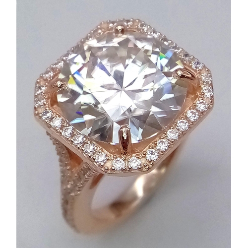 883 - A 10.35ct Sparkling White Moissanite Ring set in Rose Gold Gilded 925 Silver. Size O. 10.22g total w... 