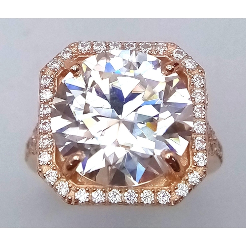 883 - A 10.35ct Sparkling White Moissanite Ring set in Rose Gold Gilded 925 Silver. Size O. 10.22g total w... 