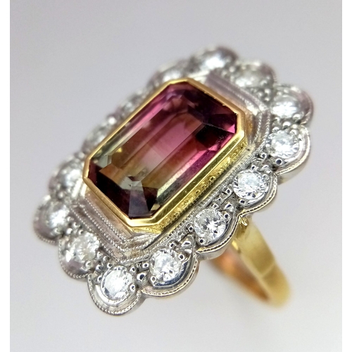 20 - 18K Yellow Gold, Diamond (0.45ct) Bordered Ring with a 3ct Emerald Cut Bi-Colour Tourmaline.
Weight:... 