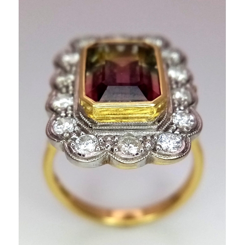 20 - 18K Yellow Gold, Diamond (0.45ct) Bordered Ring with a 3ct Emerald Cut Bi-Colour Tourmaline.
Weight:... 