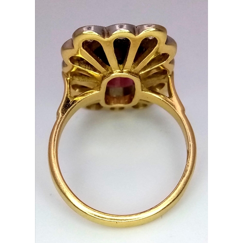 20 - 18K Yellow Gold, Diamond (0.45ct) Bordered Ring with a 3ct Emerald Cut Bi-Colour Tourmaline.
Weight:... 